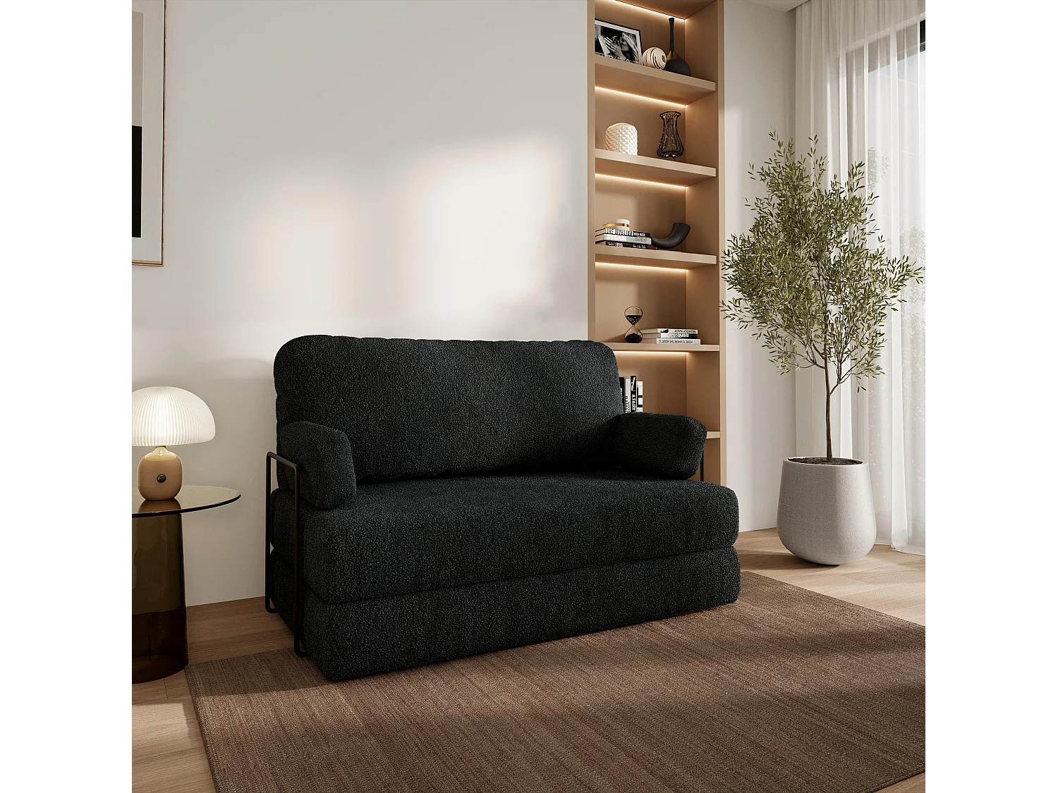 Canapé compressé KESTE avec cadre métallique, Tissu bouclé, Noir