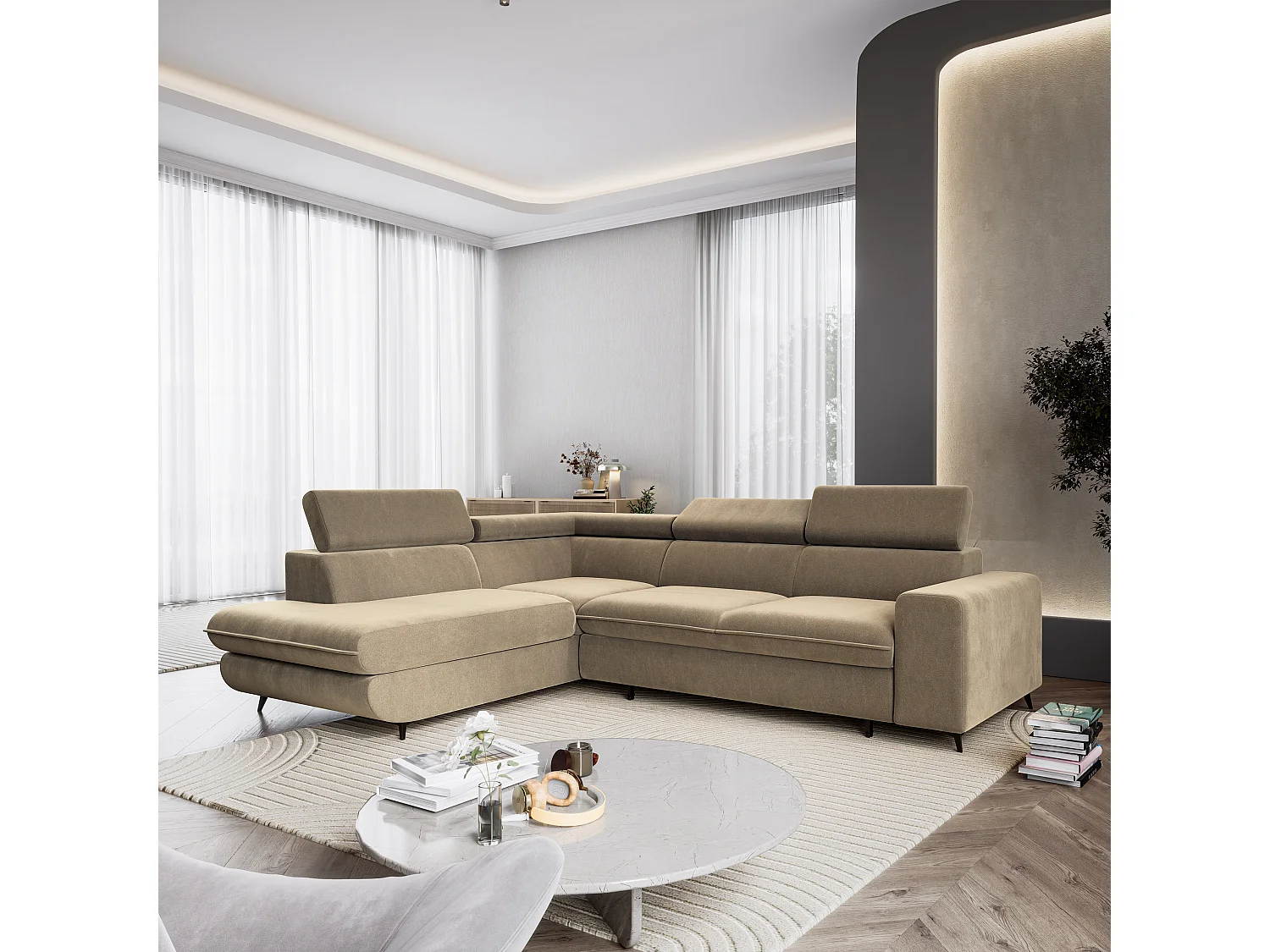 Hoekbank VELISS, met slaapfunctie, Fluweelstof Beige
