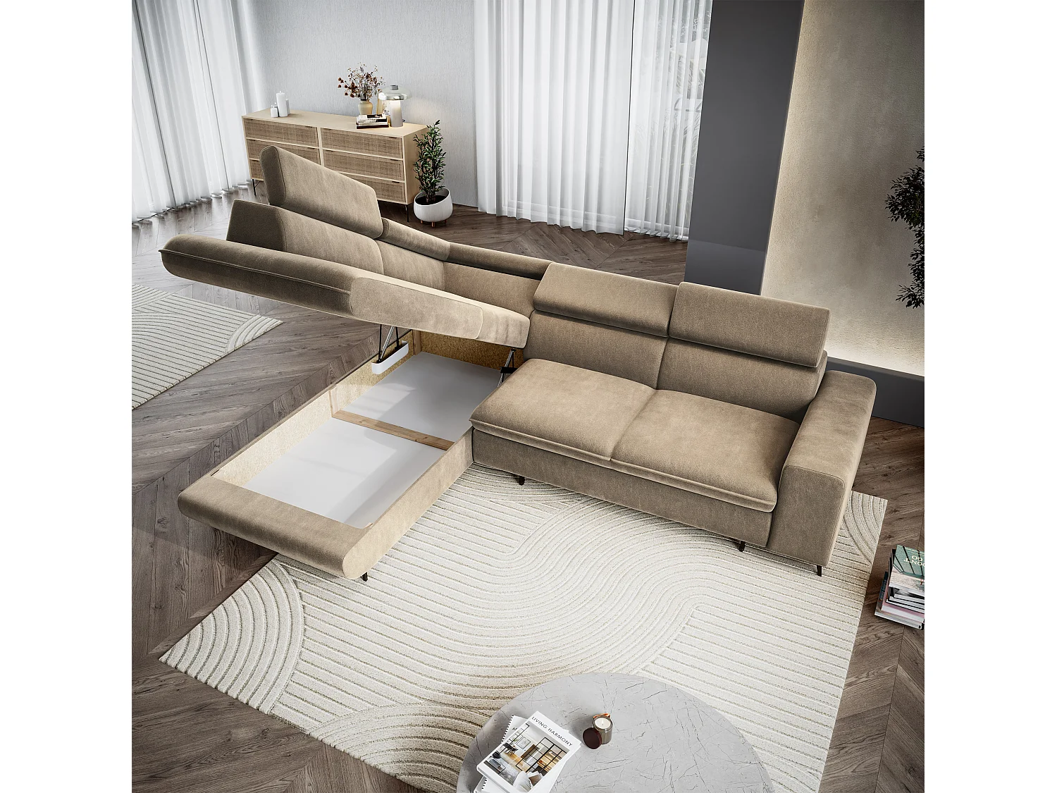 Hoekbank VELISS, met slaapfunctie, Fluweelstof Beige