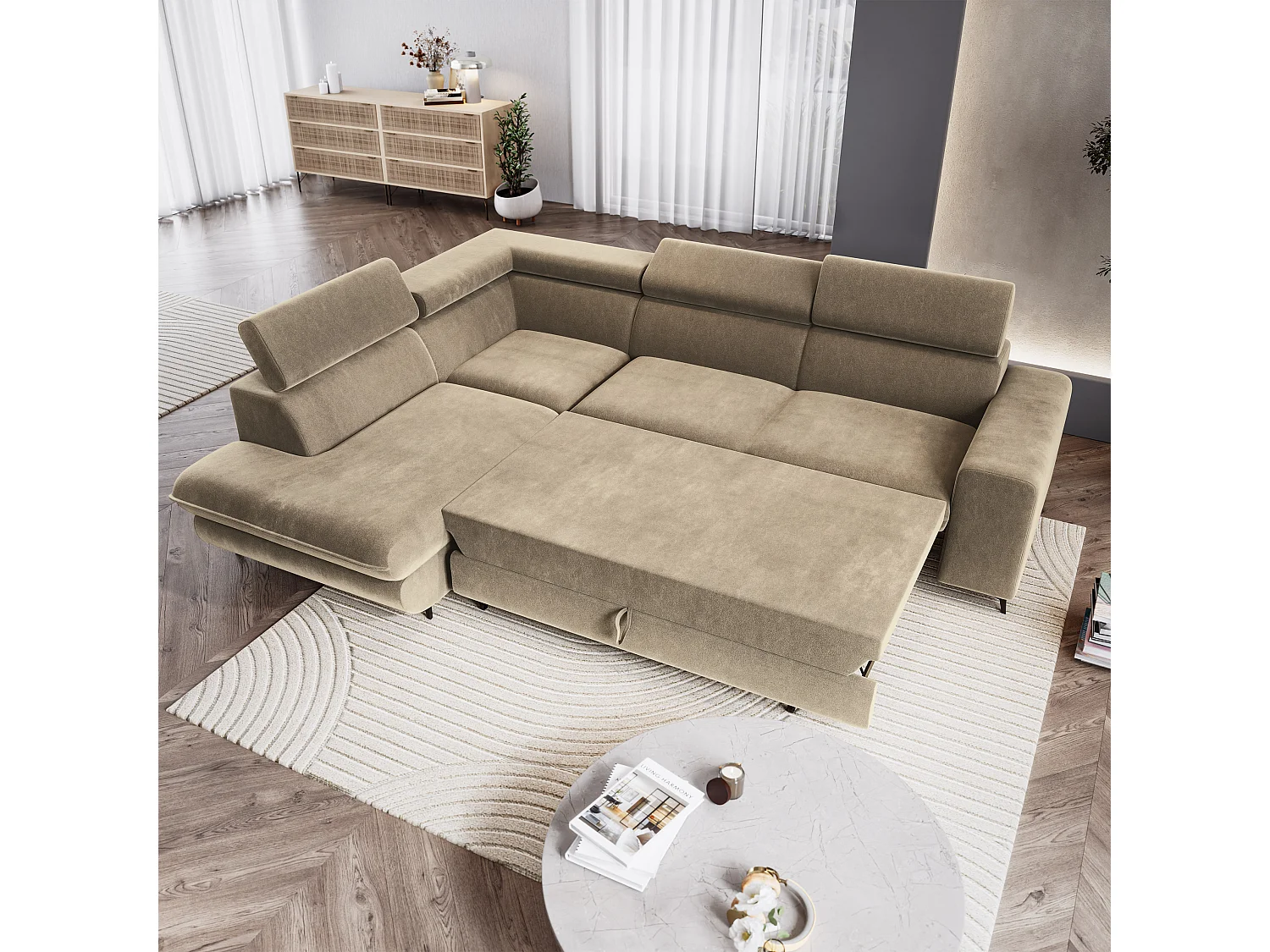 Hoekbank VELISS, met slaapfunctie, Fluweelstof Beige