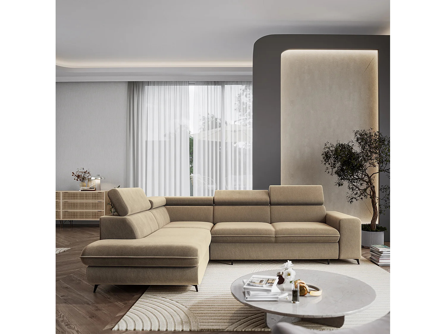 Hoekbank VELISS, met slaapfunctie, Fluweelstof Beige
