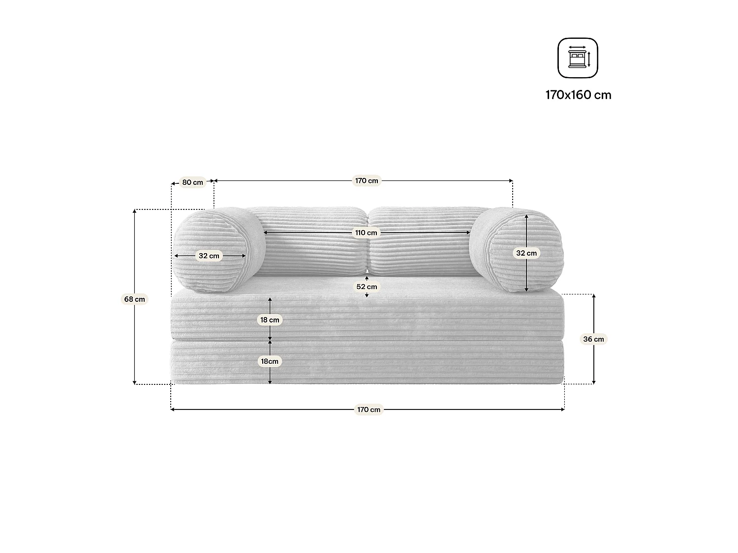 Canapé compressé ALVIO sans cadre métallique, Velours côtelé TILIA, Gris