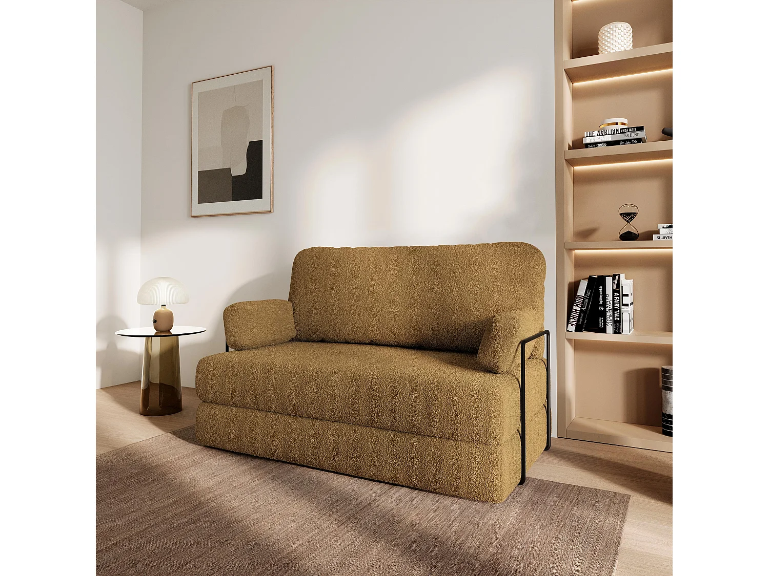 Canapé compressé KESTE avec cadre métallique, Tissu bouclé, Miel