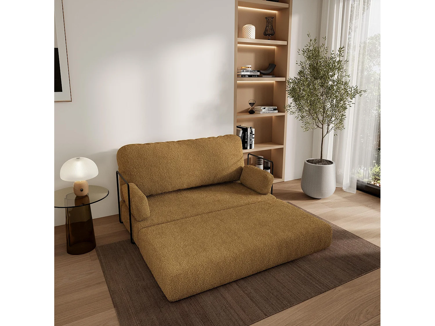 Canapé compressé KESTE avec cadre métallique, Tissu bouclé, Miel