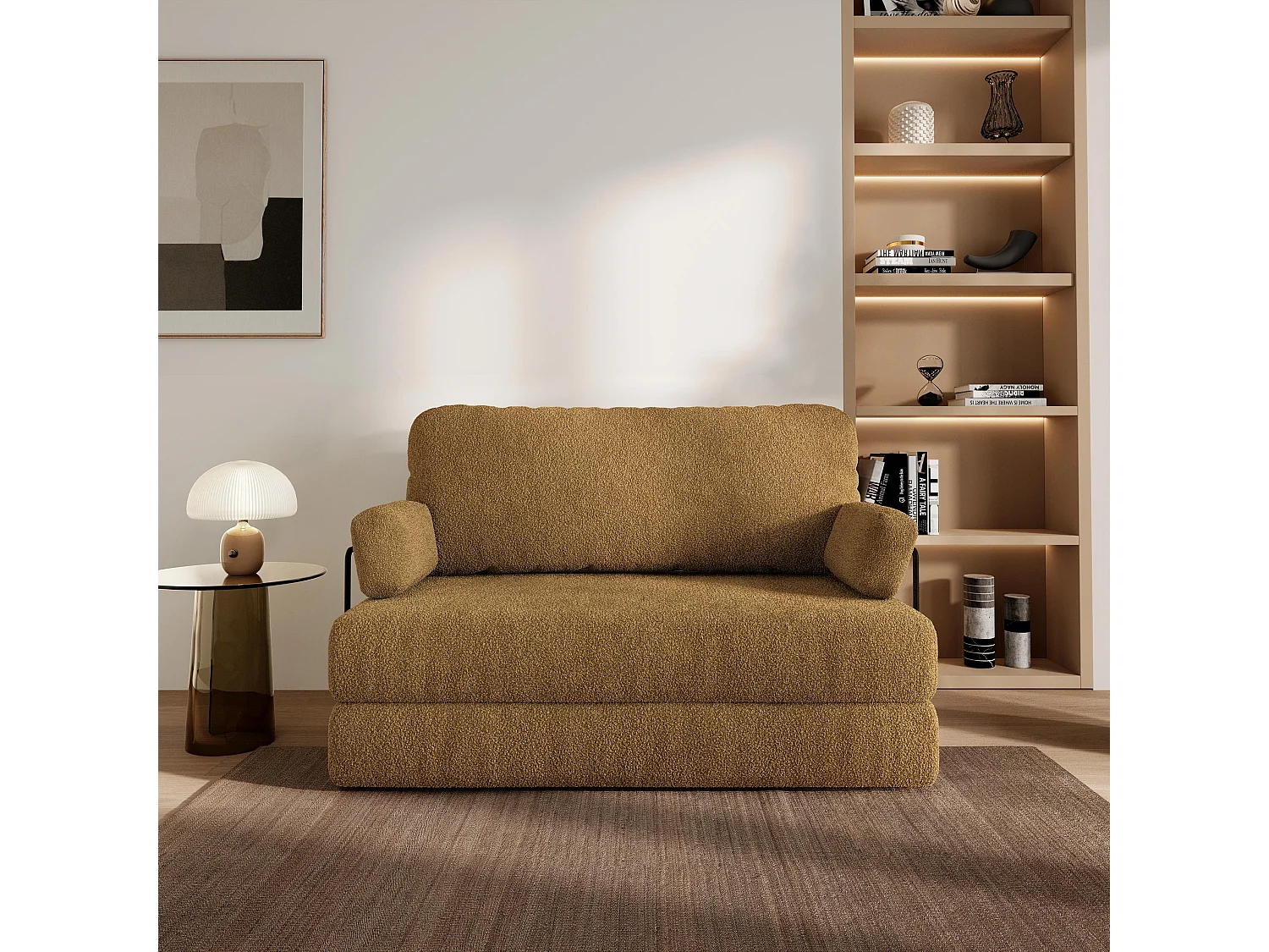 Canapé compressé KESTE avec cadre métallique, Tissu bouclé, Miel