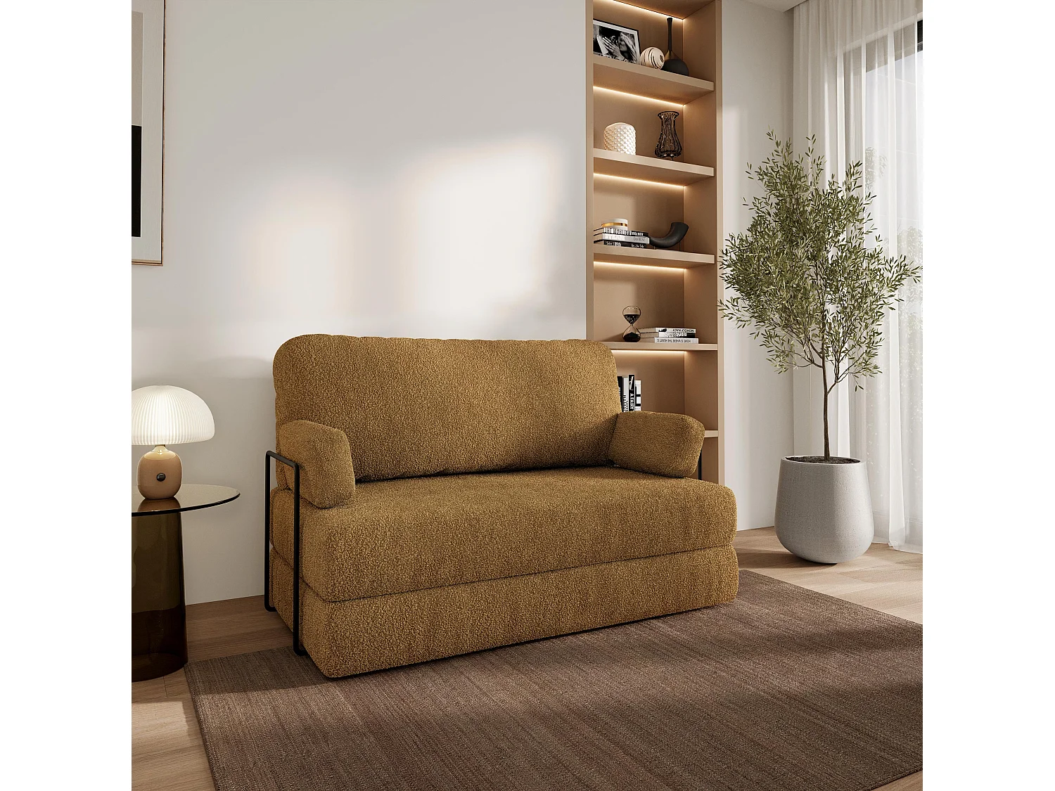 Canapé compressé KESTE avec cadre métallique, Tissu bouclé, Miel