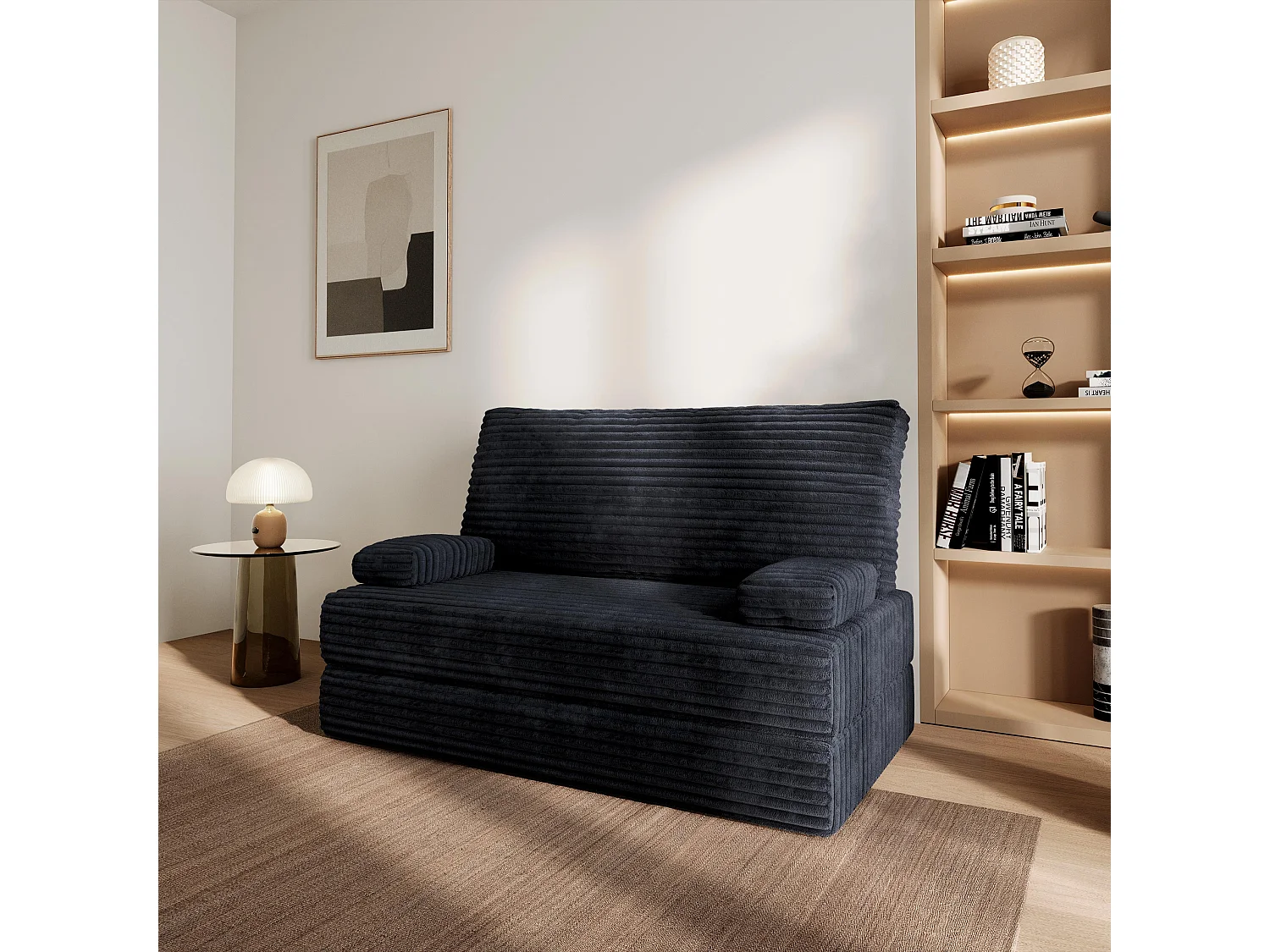 Canapé compressé LADIA sans cadre métallique, Velours côtelé TILIA, Noir