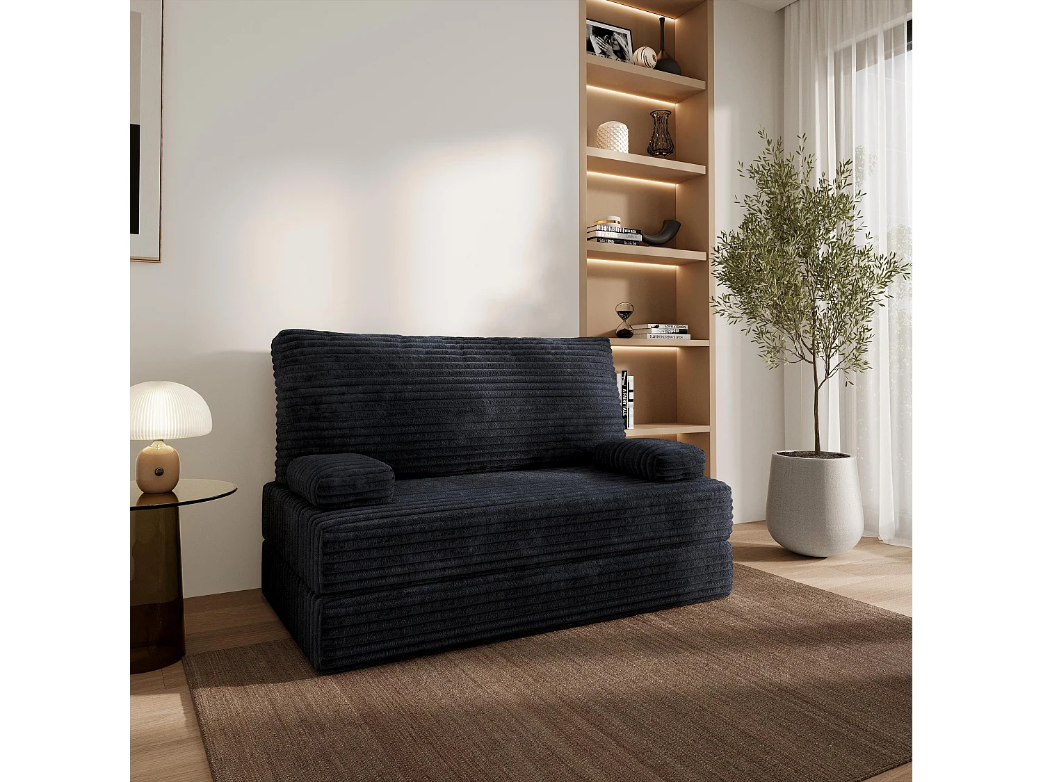 Canapé compressé LADIA sans cadre métallique, Velours côtelé TILIA, Noir