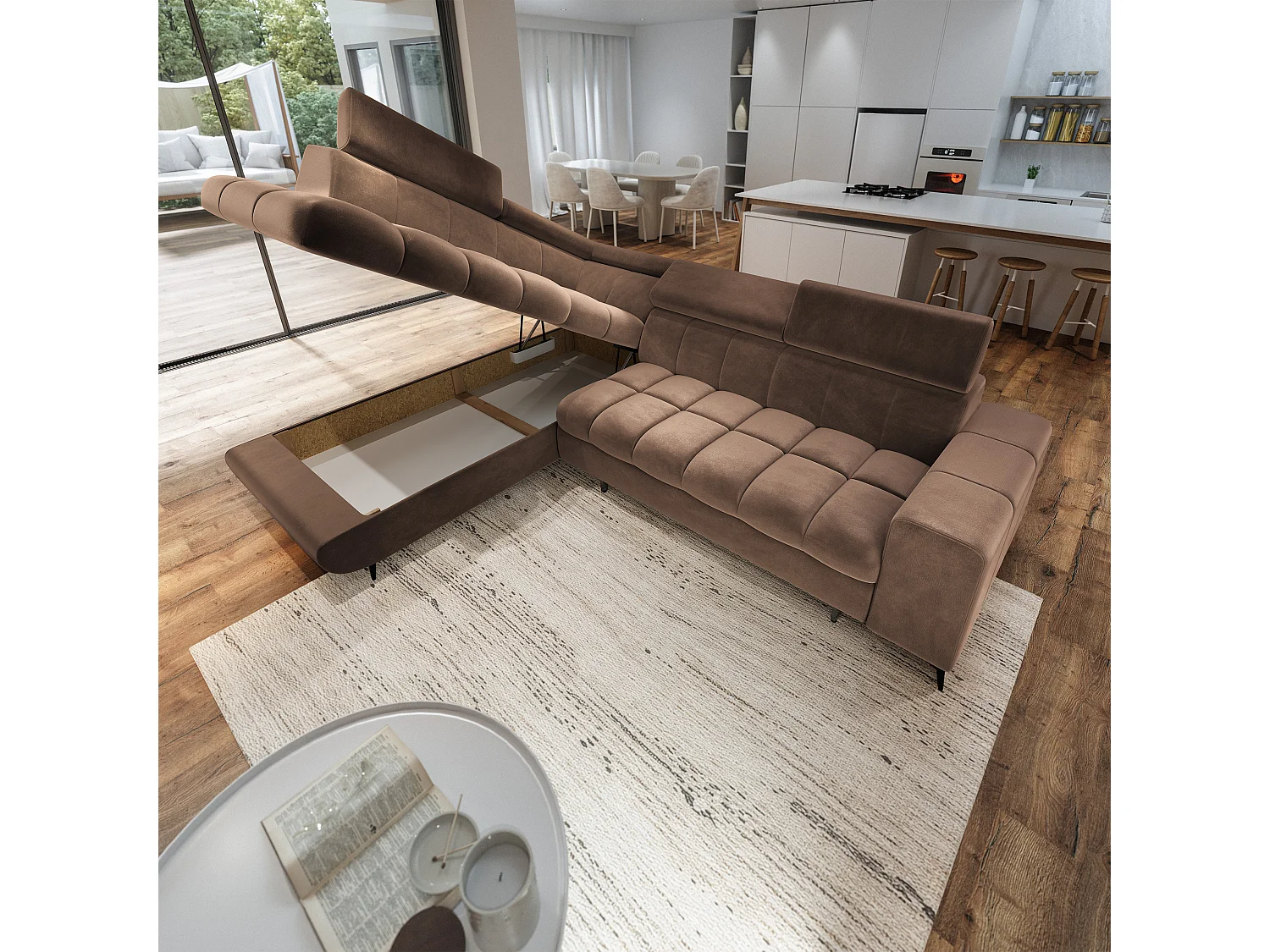 Hoekbank MORIVA, met slaapfunctie, Veloursstof Beige