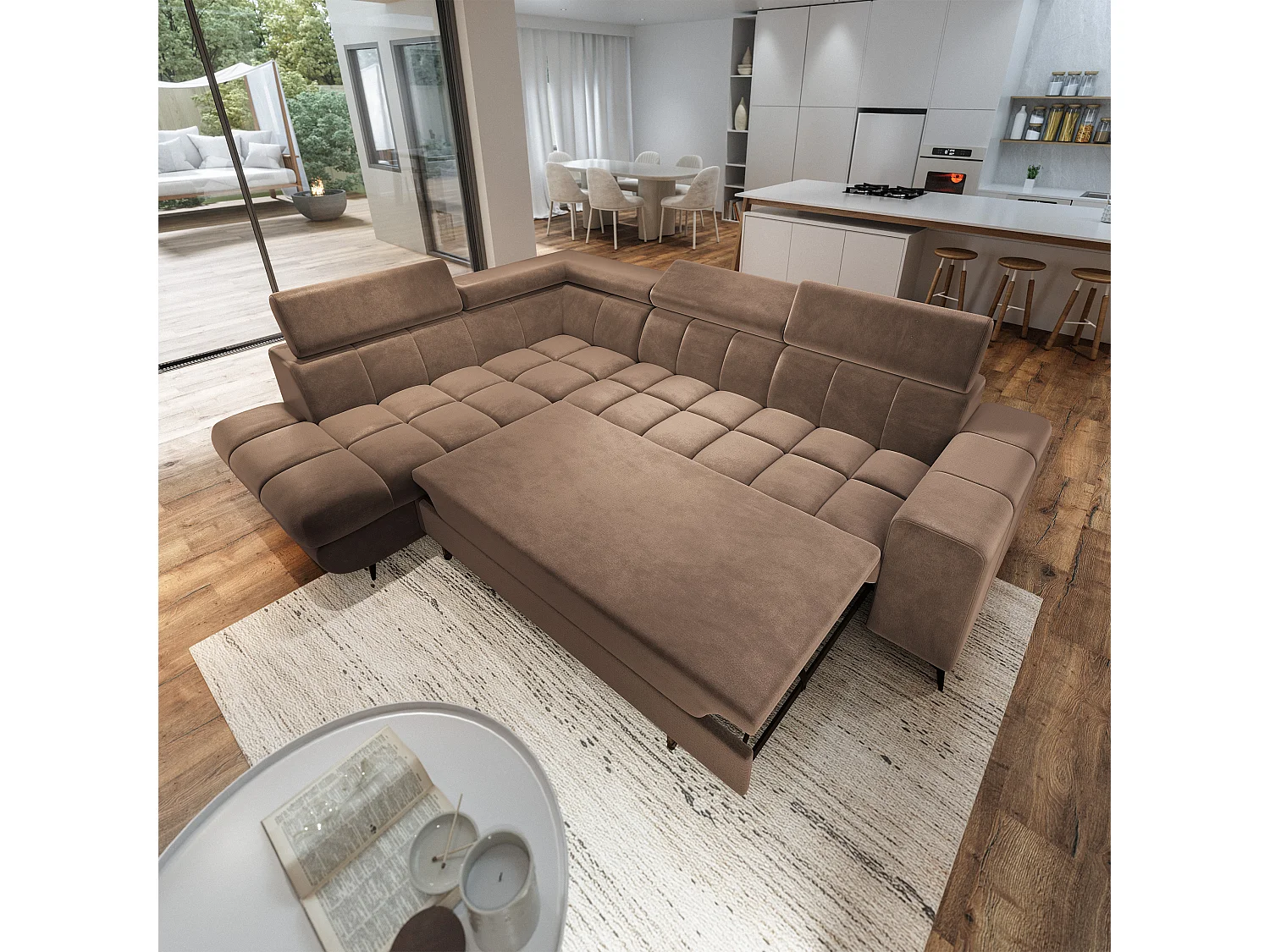 Hoekbank MORIVA, met slaapfunctie, Veloursstof Beige