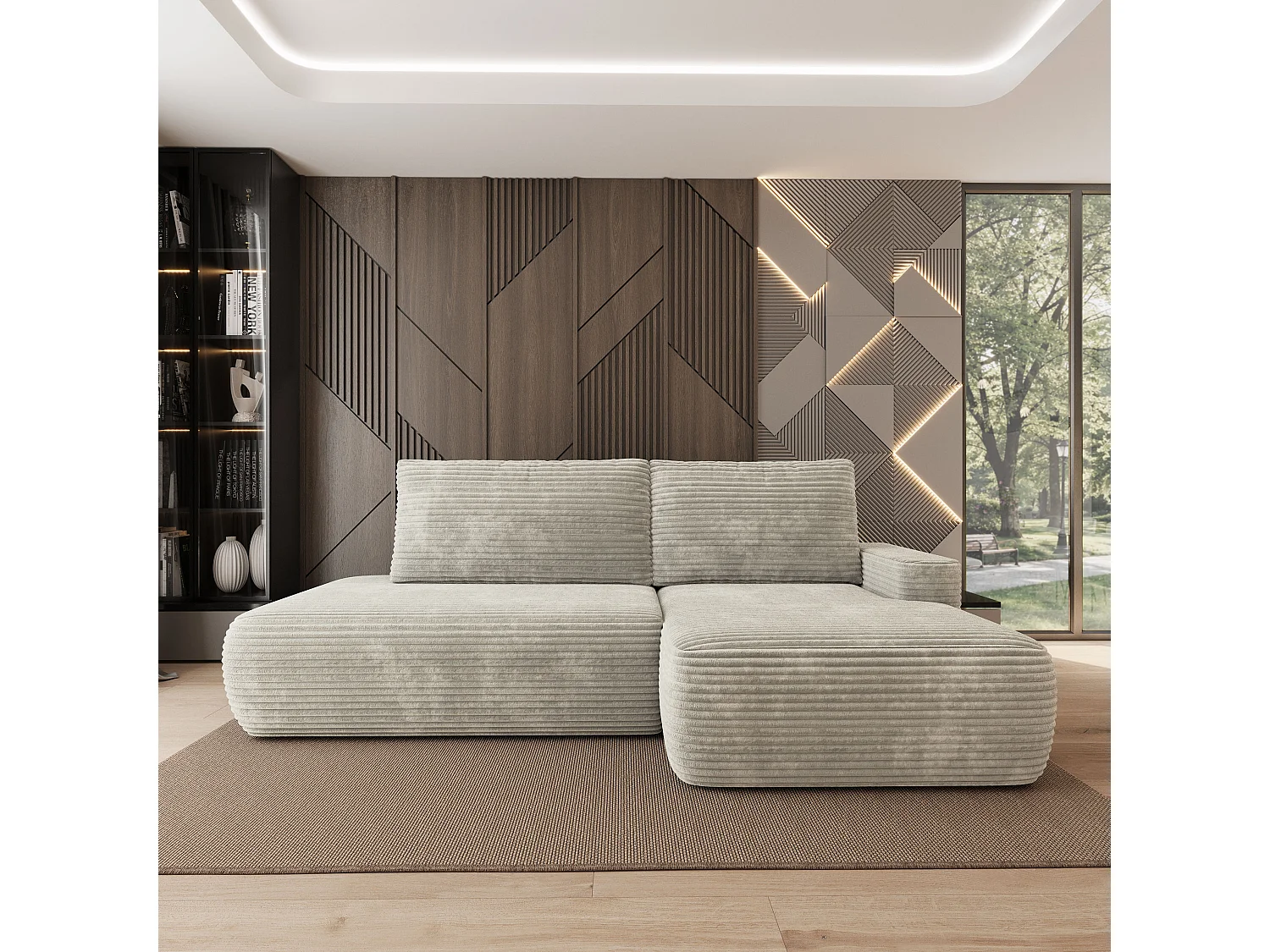 Hoekbank AVINI, met slaapfunctie, Cordstof Lichtgrijs