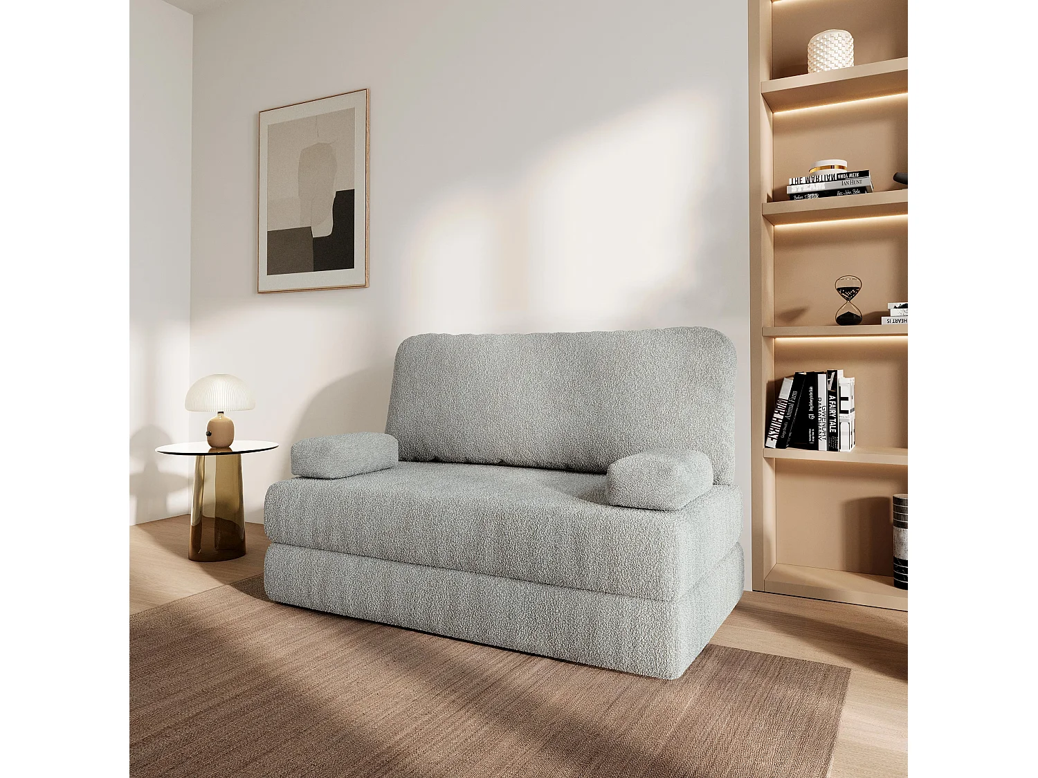 Canapé compressé KESTE sans cadre métallique, Tissu bouclé, Gris clair