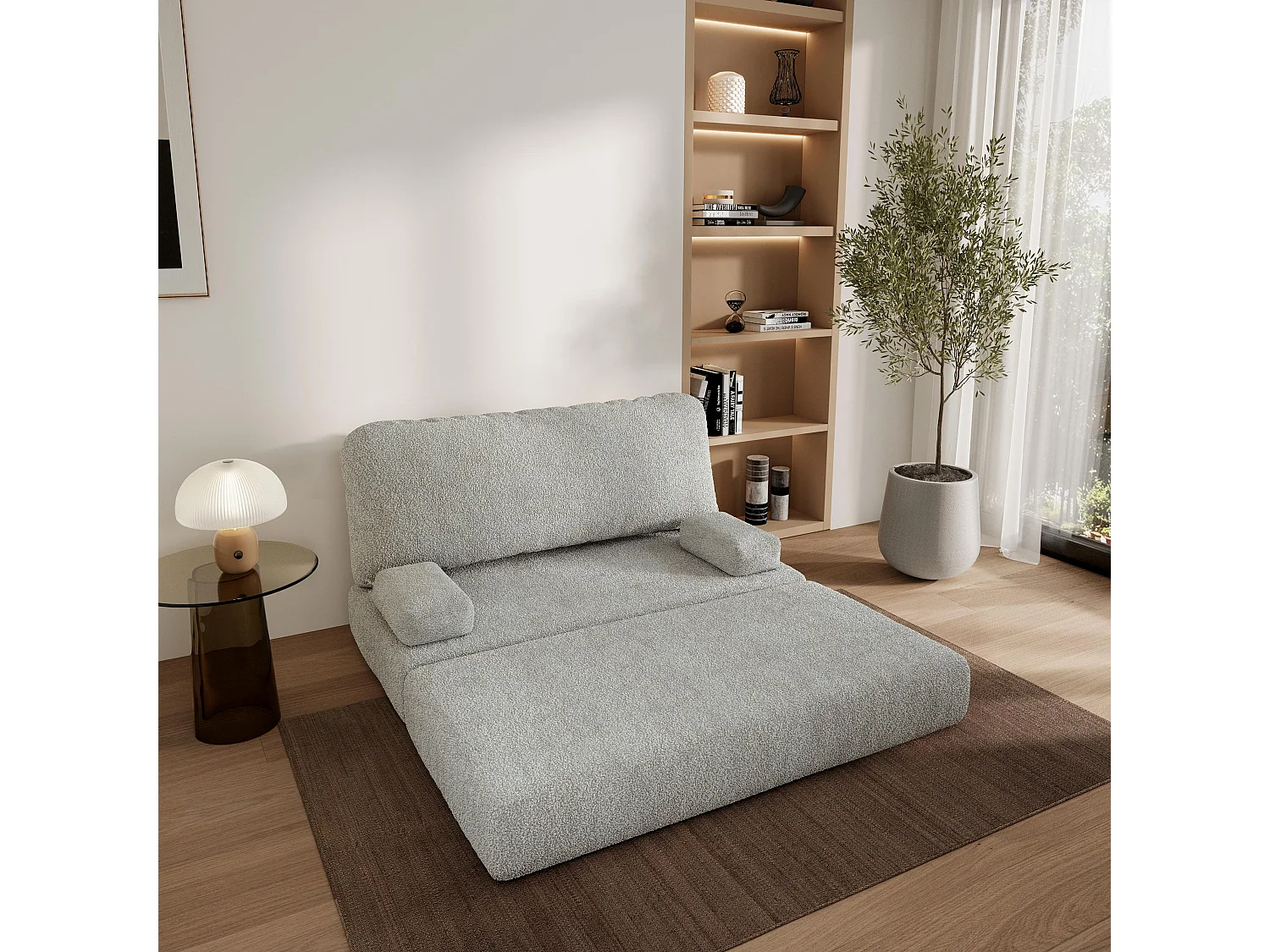 Canapé compressé KESTE sans cadre métallique, Tissu bouclé, Gris clair