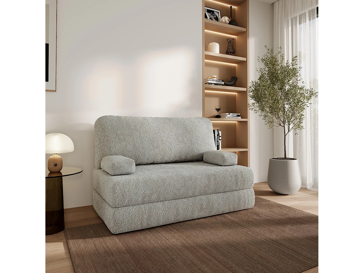 Canapé compressé KESTE sans cadre métallique, Tissu bouclé, Gris clair