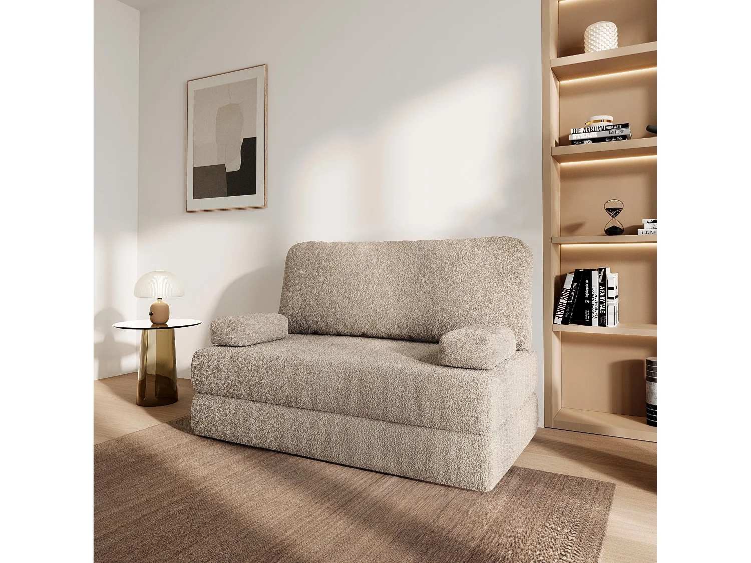 Canapé compressé KESTE sans cadre métallique, Tissu bouclé, Beige