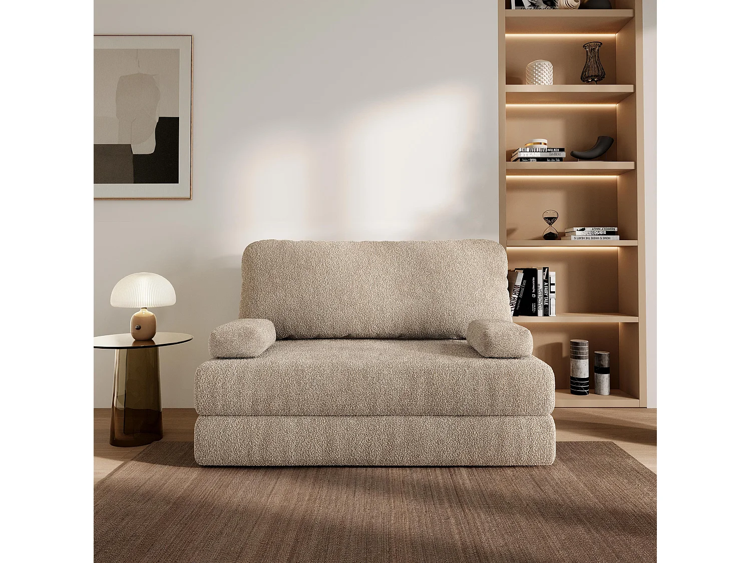 Canapé compressé KESTE sans cadre métallique, Tissu bouclé, Beige
