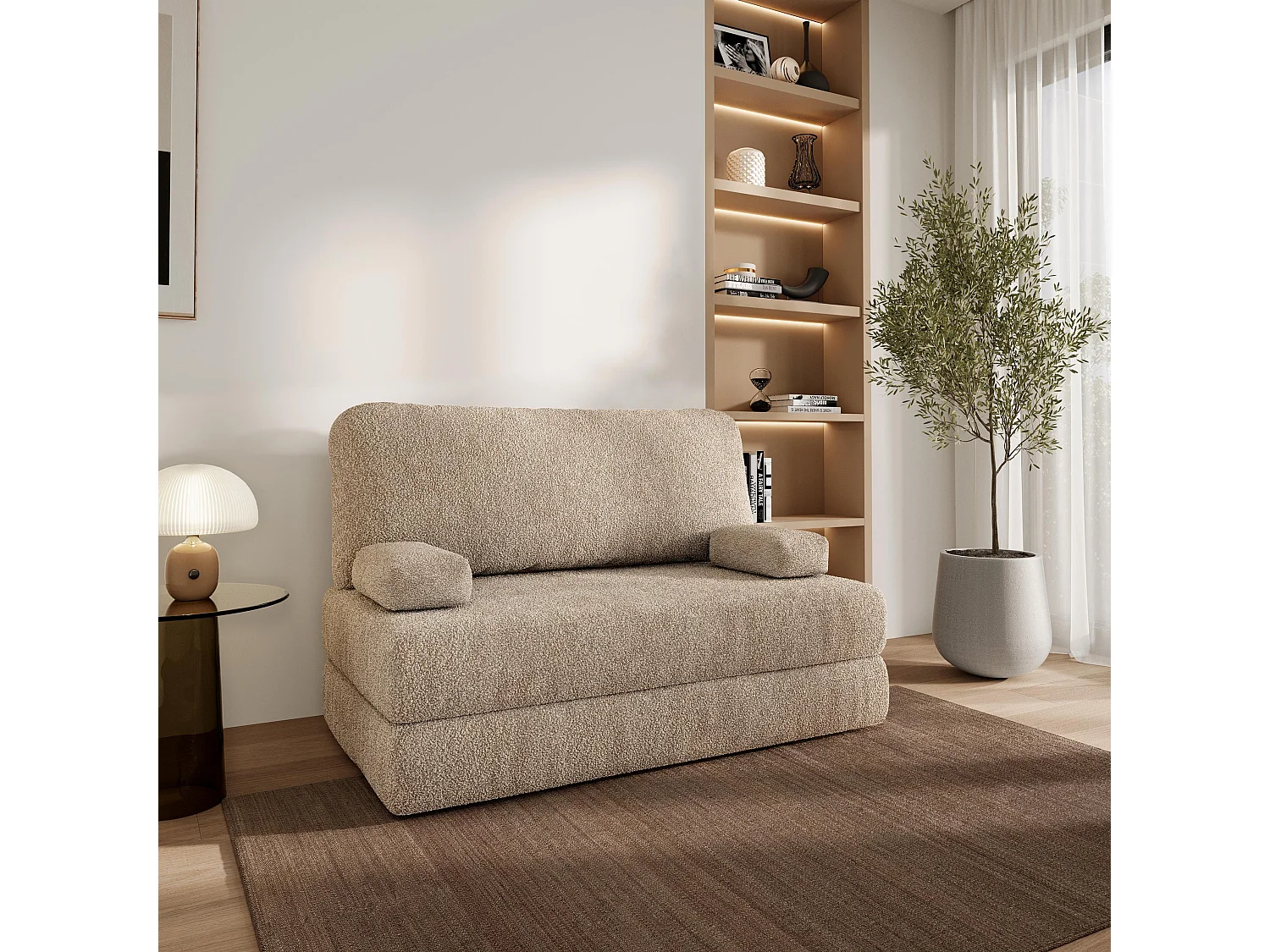 Canapé compressé KESTE sans cadre métallique, Tissu bouclé, Beige
