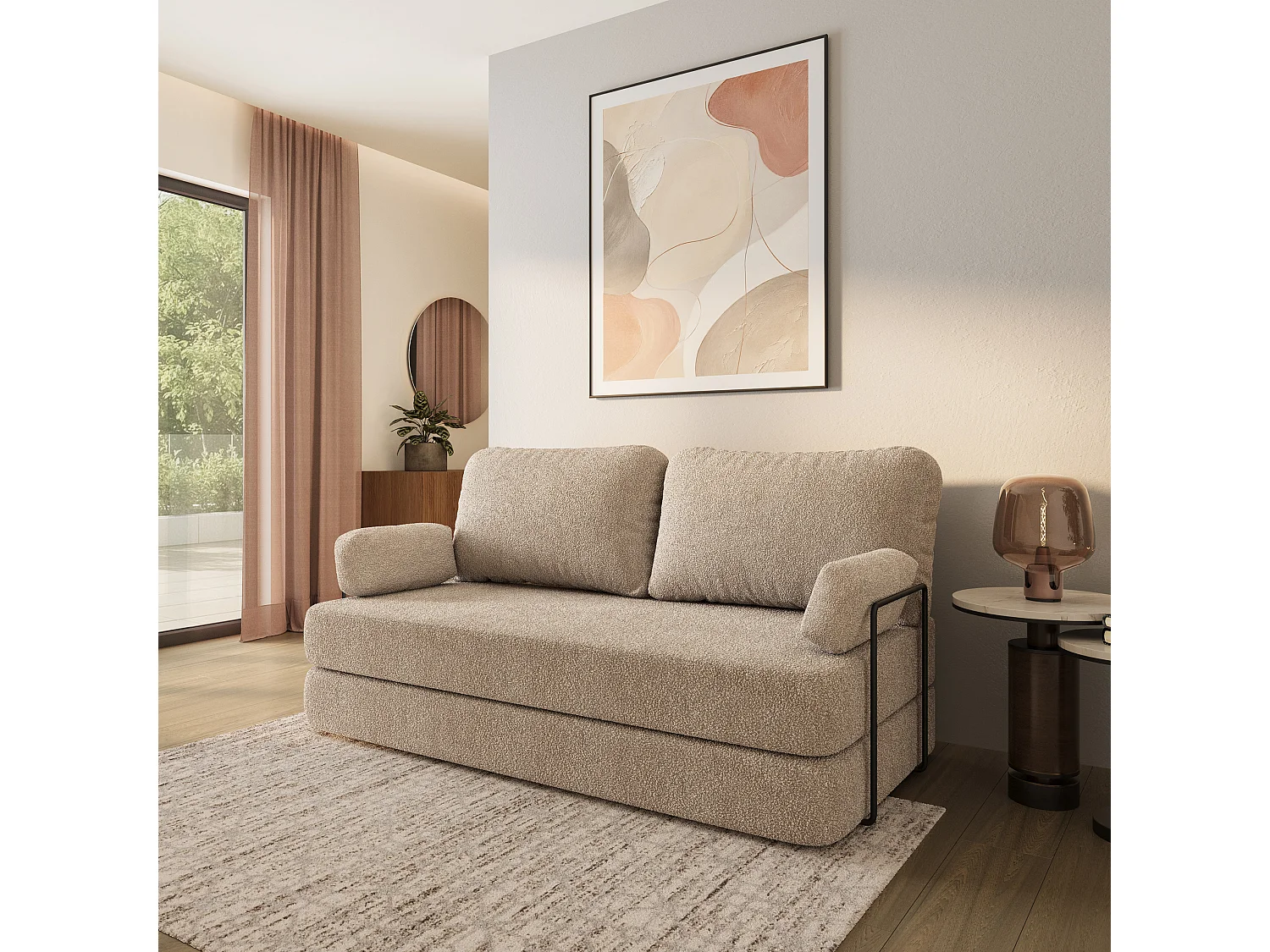 Canapé compressé NIKSI avec cadre métallique, Tissu bouclé, Beige