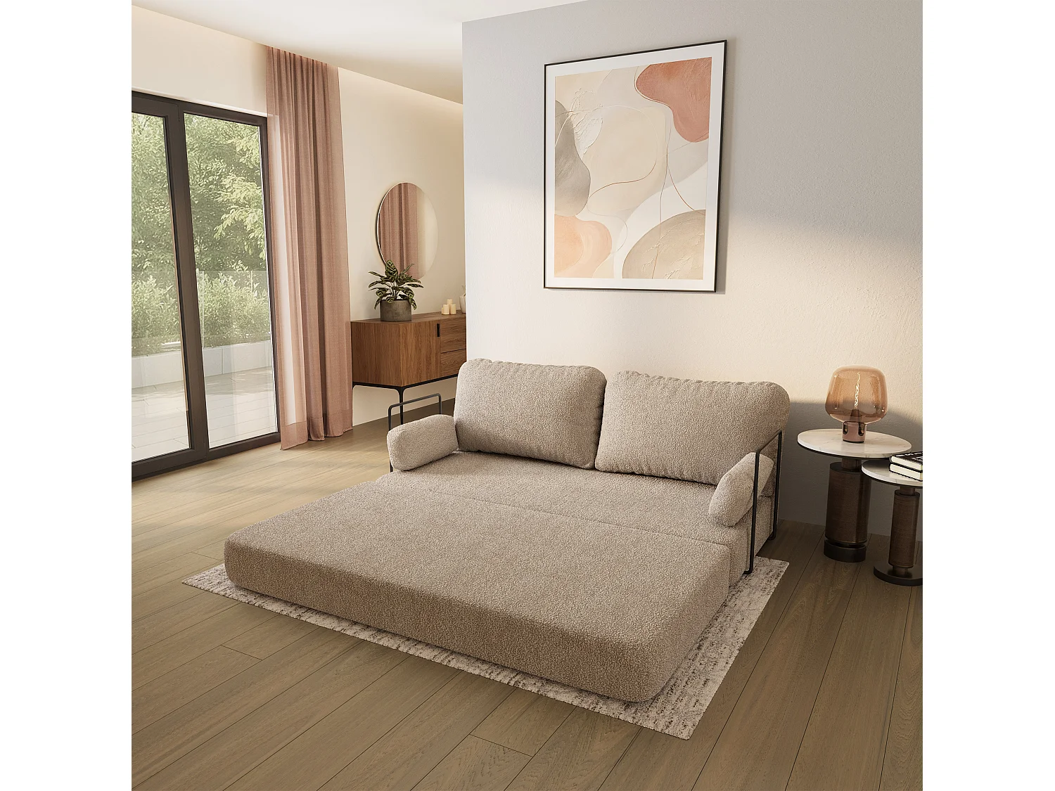 Canapé compressé NIKSI avec cadre métallique, Tissu bouclé, Beige