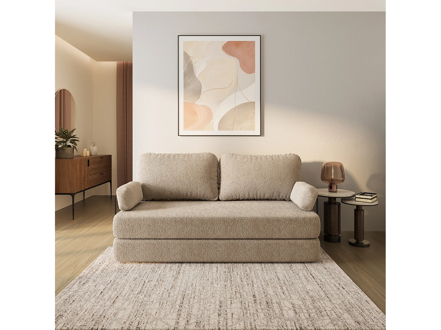 Canapé compressé NIKSI avec cadre métallique, Tissu bouclé, Beige