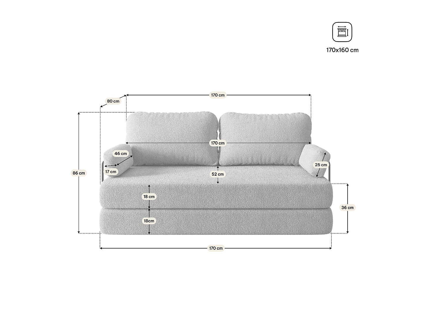Canapé compressé NIKSI avec cadre métallique, Tissu bouclé, Beige