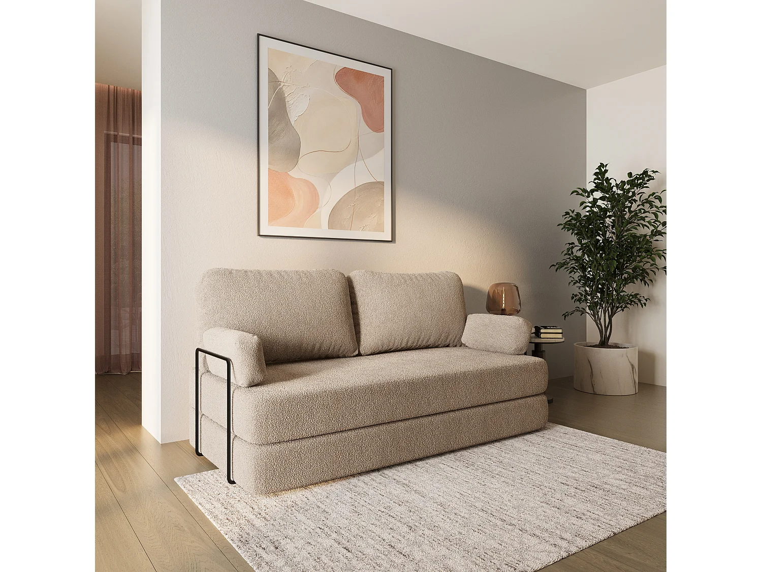 Canapé compressé NIKSI avec cadre métallique, Tissu bouclé, Beige