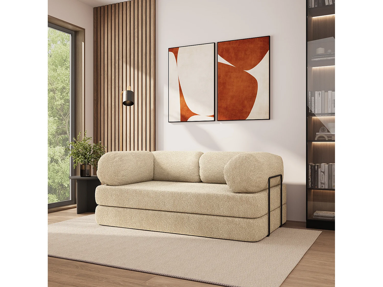 Canapé compressé EIREN avec cadre métallique, Tissu bouclé, Crème