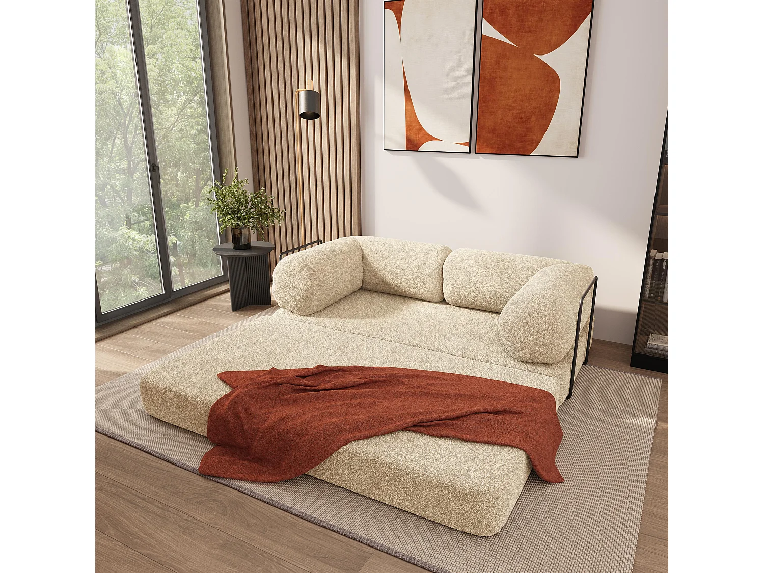Canapé compressé EIREN avec cadre métallique, Tissu bouclé, Crème