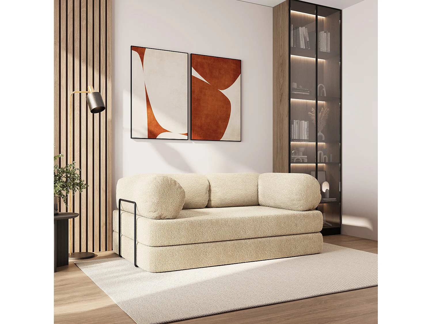 Canapé compressé EIREN avec cadre métallique, Tissu bouclé, Crème