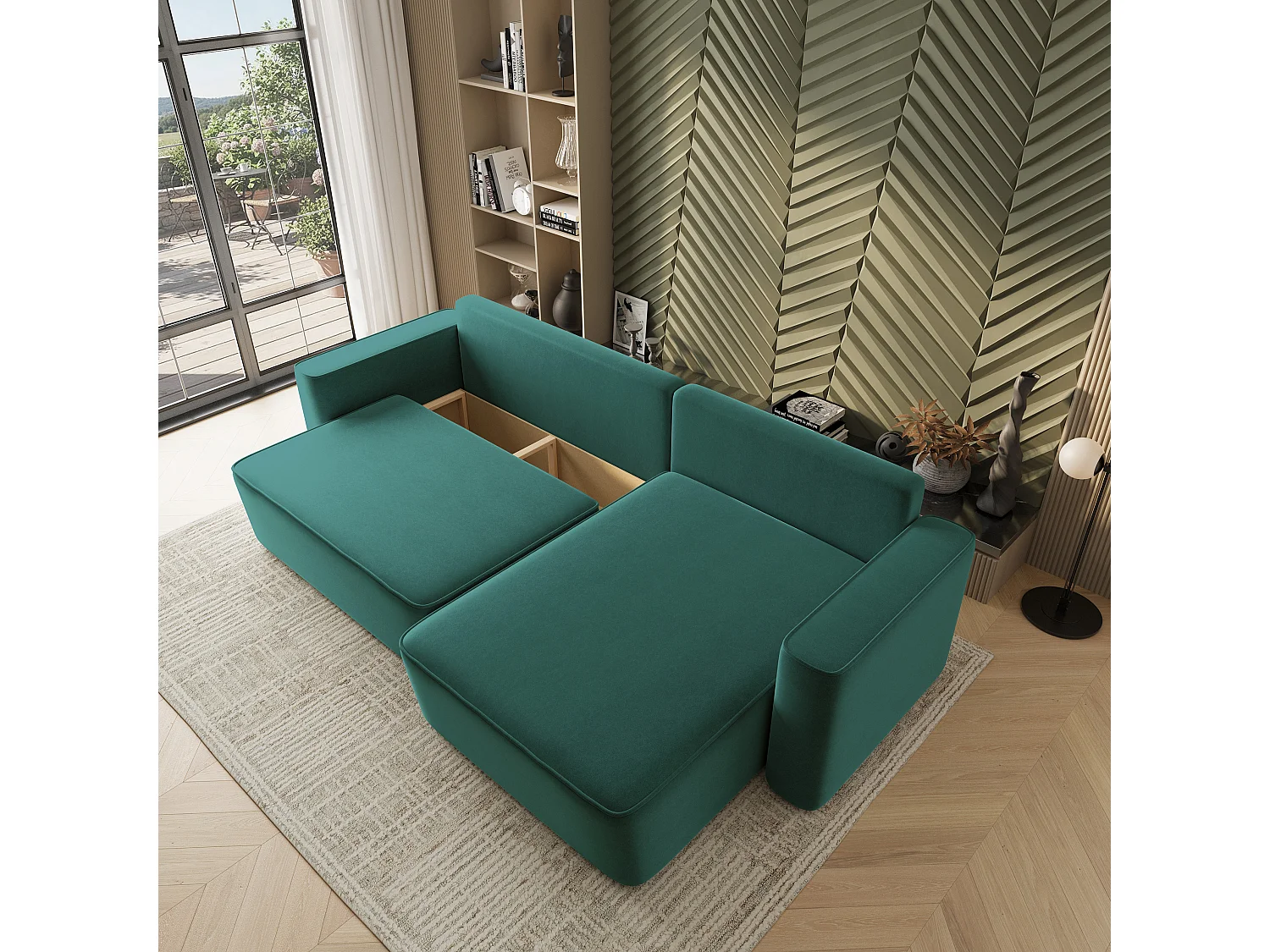Hoekbank BELARO, met slaapfunctie, Fluweelstof Blauw