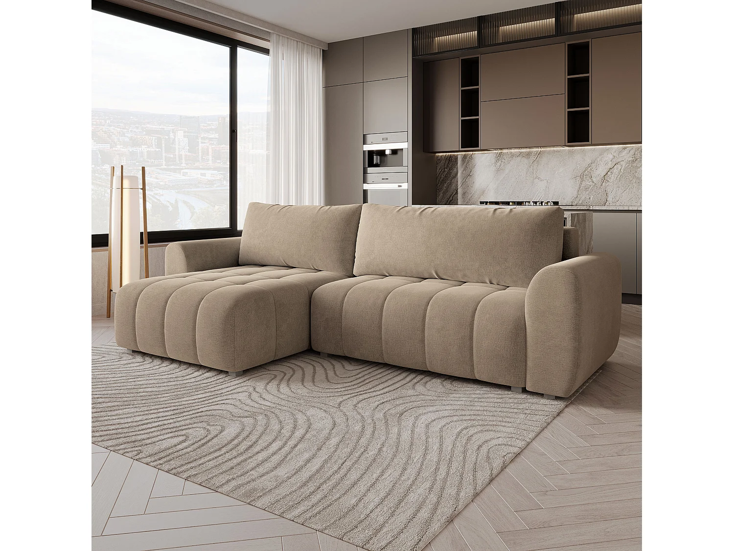 Hoekbank MODARO, met slaapfunctie, Fluweelstof Beige