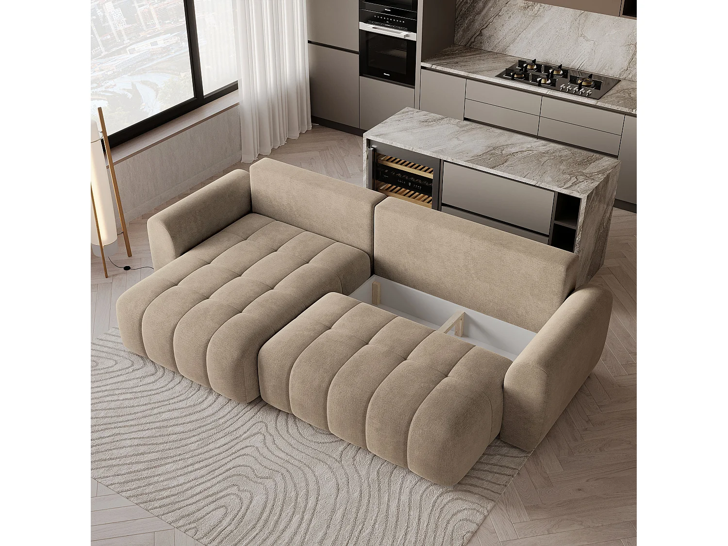 Hoekbank MODARO, met slaapfunctie, Fluweelstof Beige