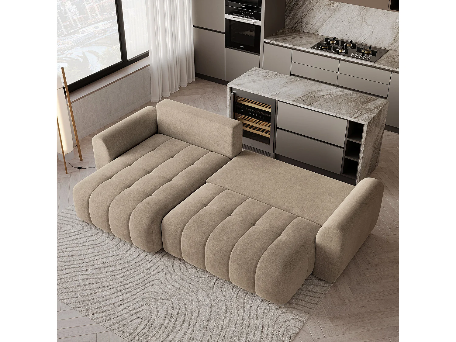 Hoekbank MODARO, met slaapfunctie, Fluweelstof Beige