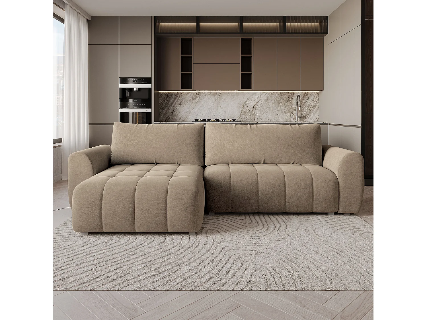 Hoekbank MODARO, met slaapfunctie, Fluweelstof Beige