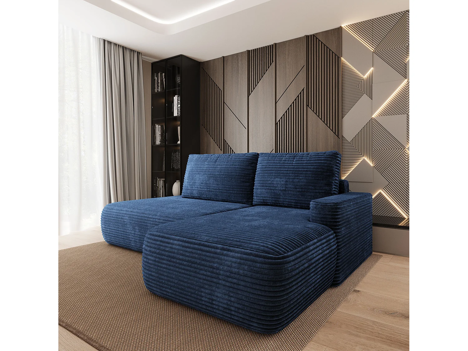 Hoekbank AVINI, met slaapfunctie, Cordstof Blauw
