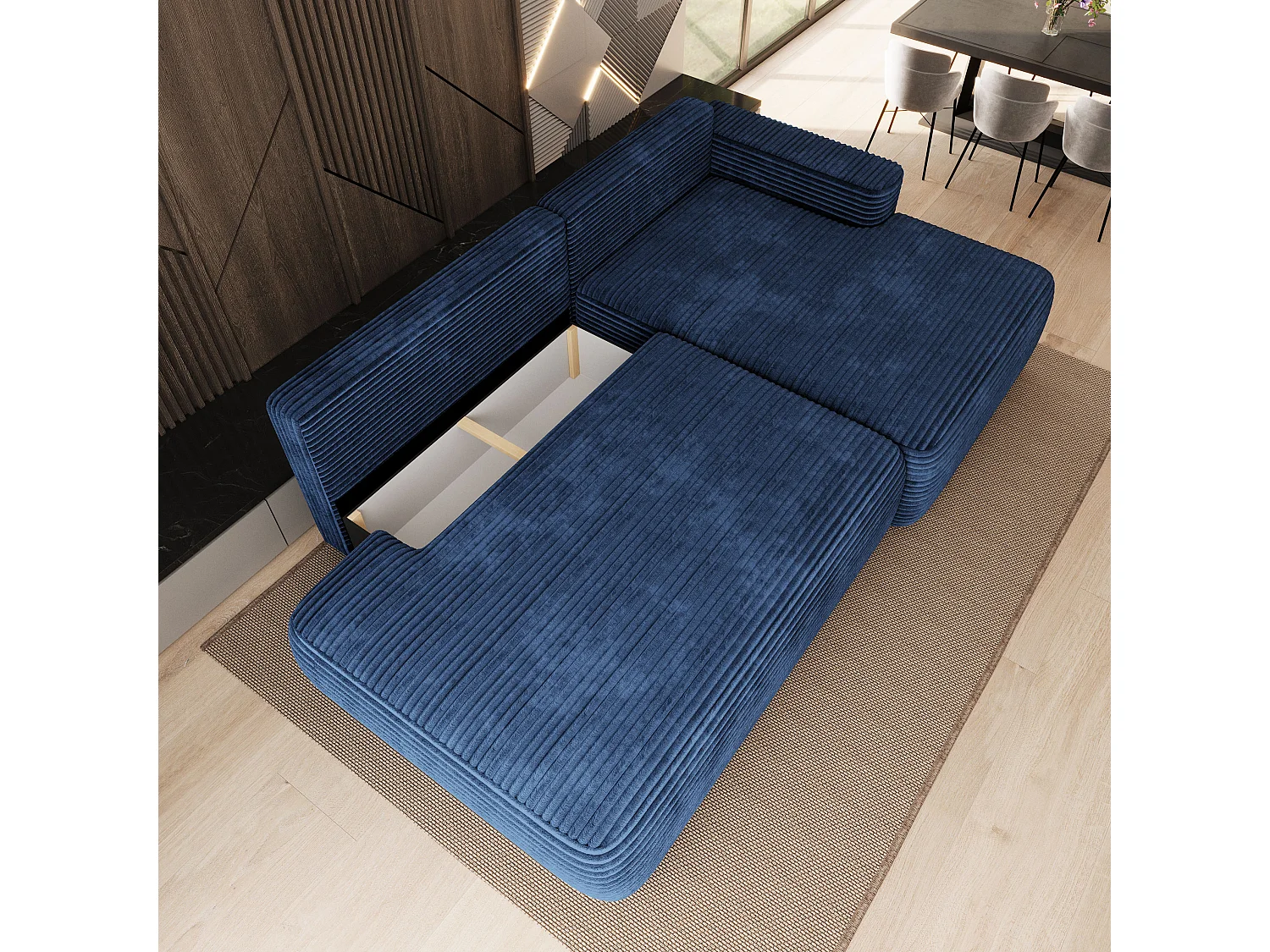Hoekbank AVINI, met slaapfunctie, Cordstof Blauw