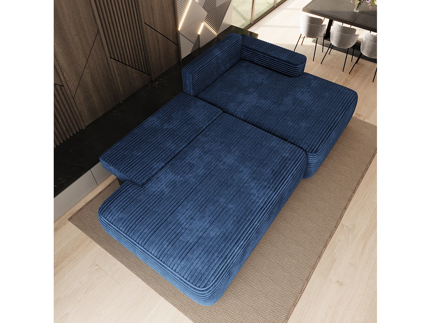 Hoekbank AVINI, met slaapfunctie, Cordstof Blauw
