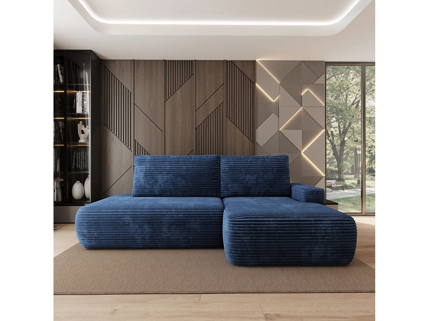 Hoekbank AVINI, met slaapfunctie, Cordstof Blauw