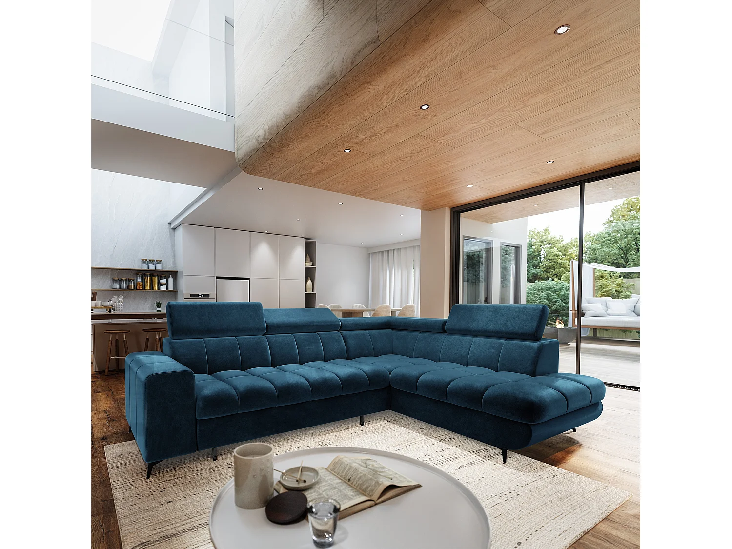 Hoekbank MORIVA, met slaapfunctie, Veloursstof Blauw