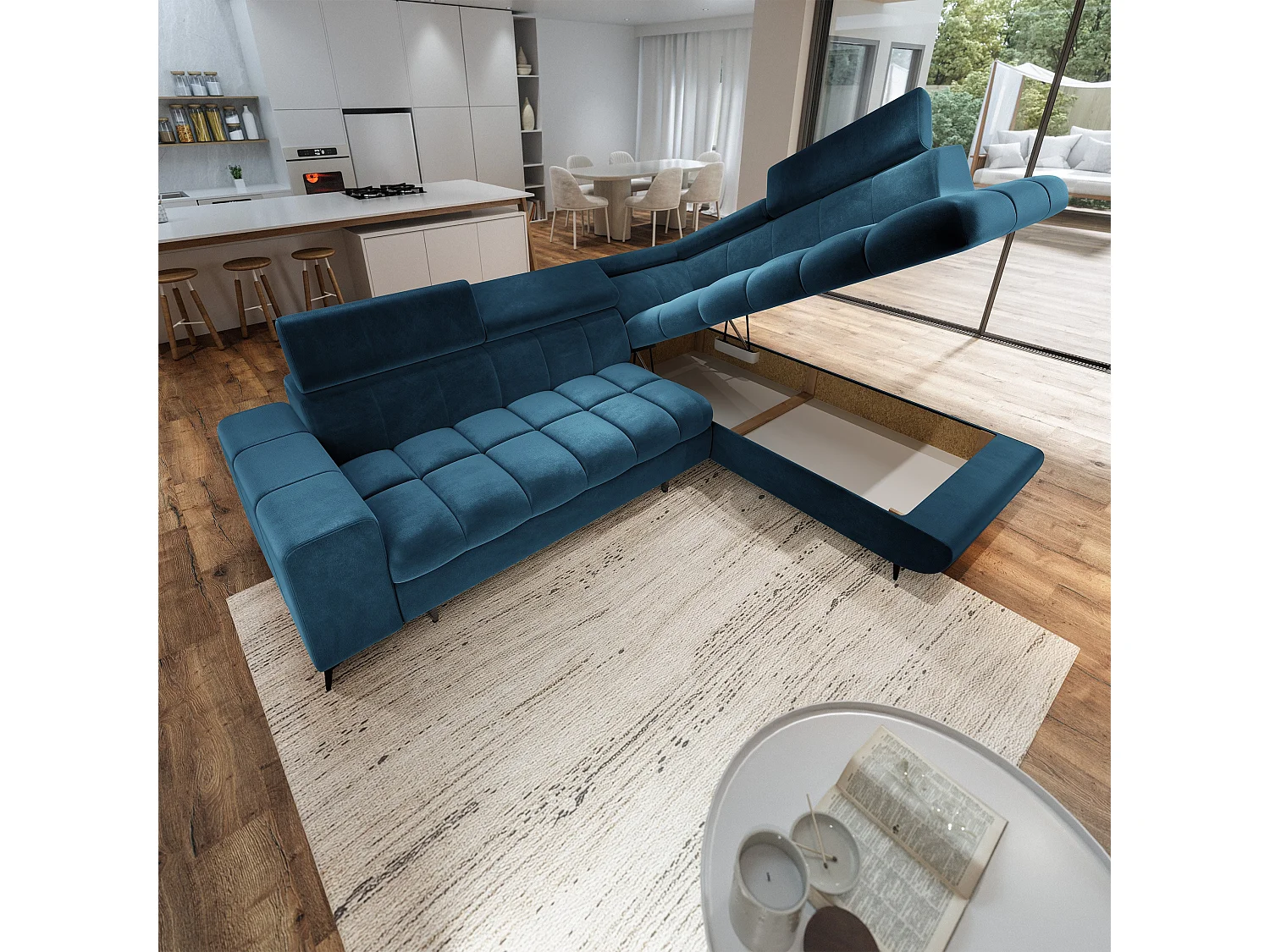 Hoekbank MORIVA, met slaapfunctie, Veloursstof Blauw