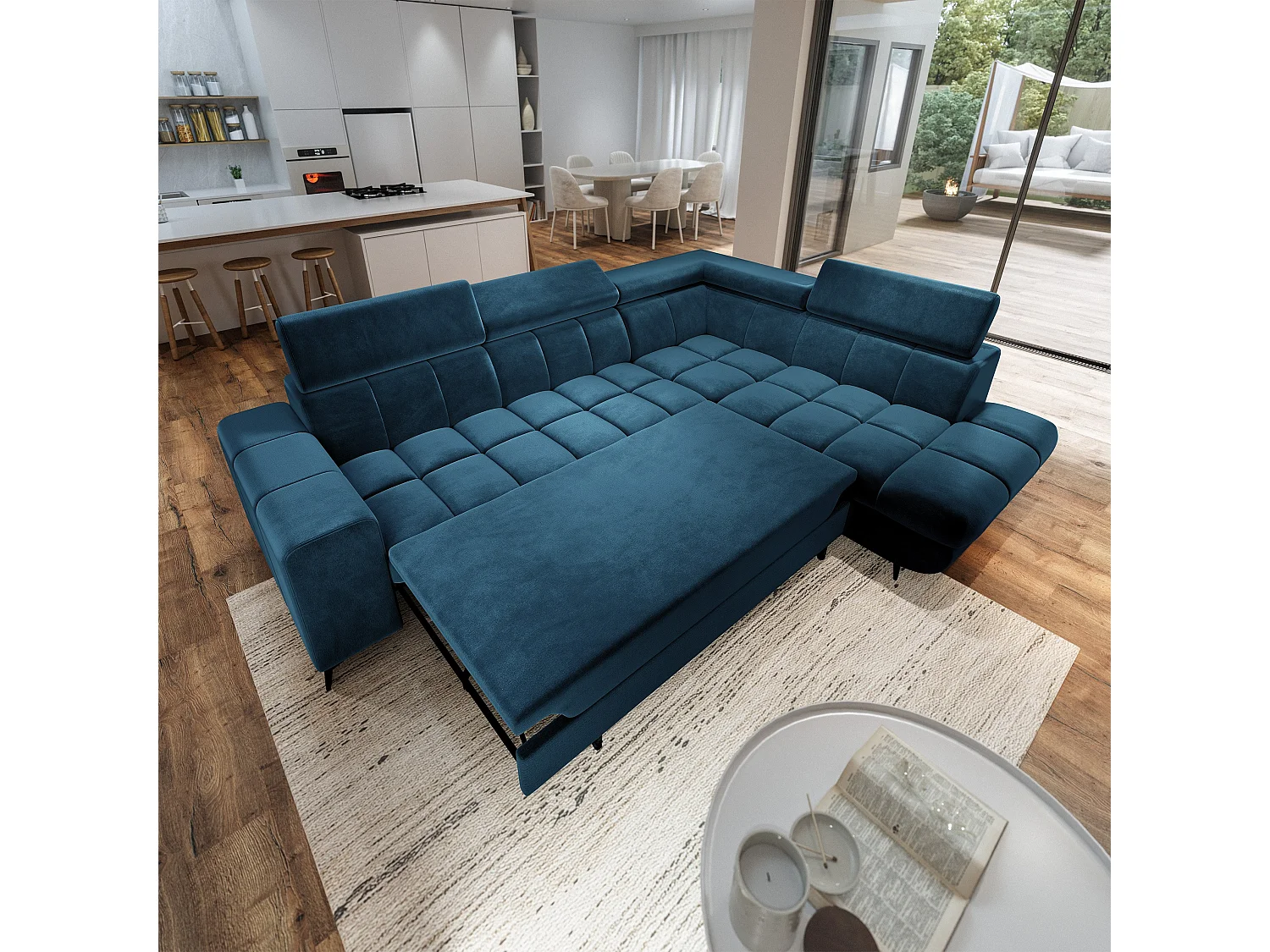 Hoekbank MORIVA, met slaapfunctie, Veloursstof Blauw