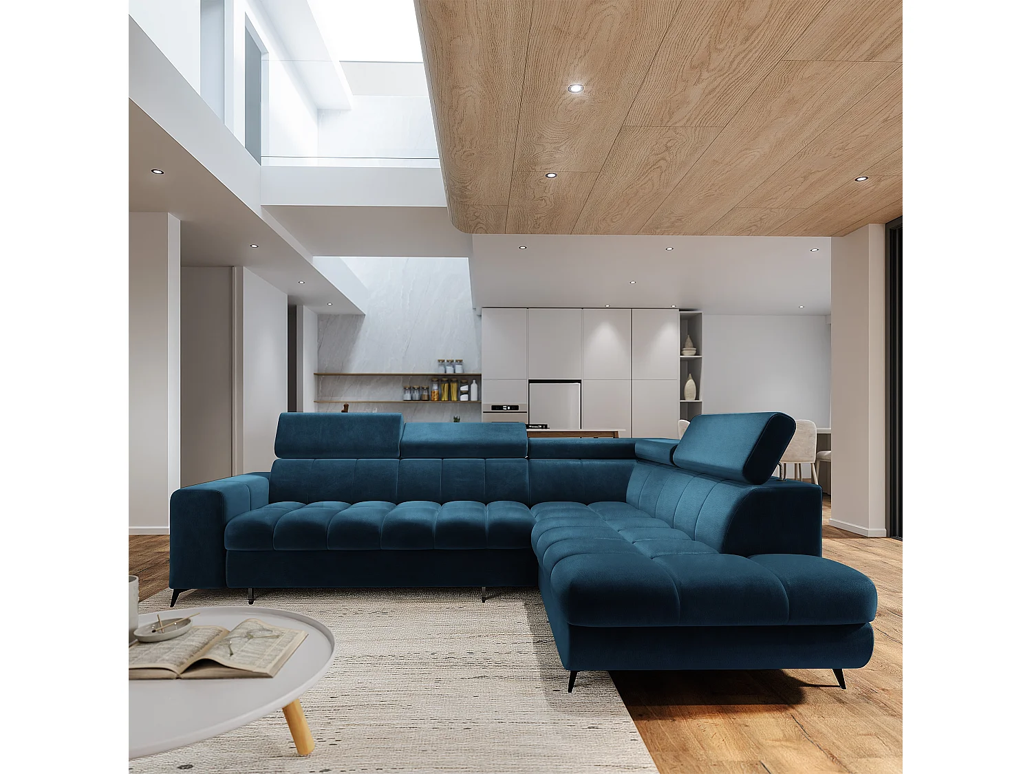 Hoekbank MORIVA, met slaapfunctie, Veloursstof Blauw