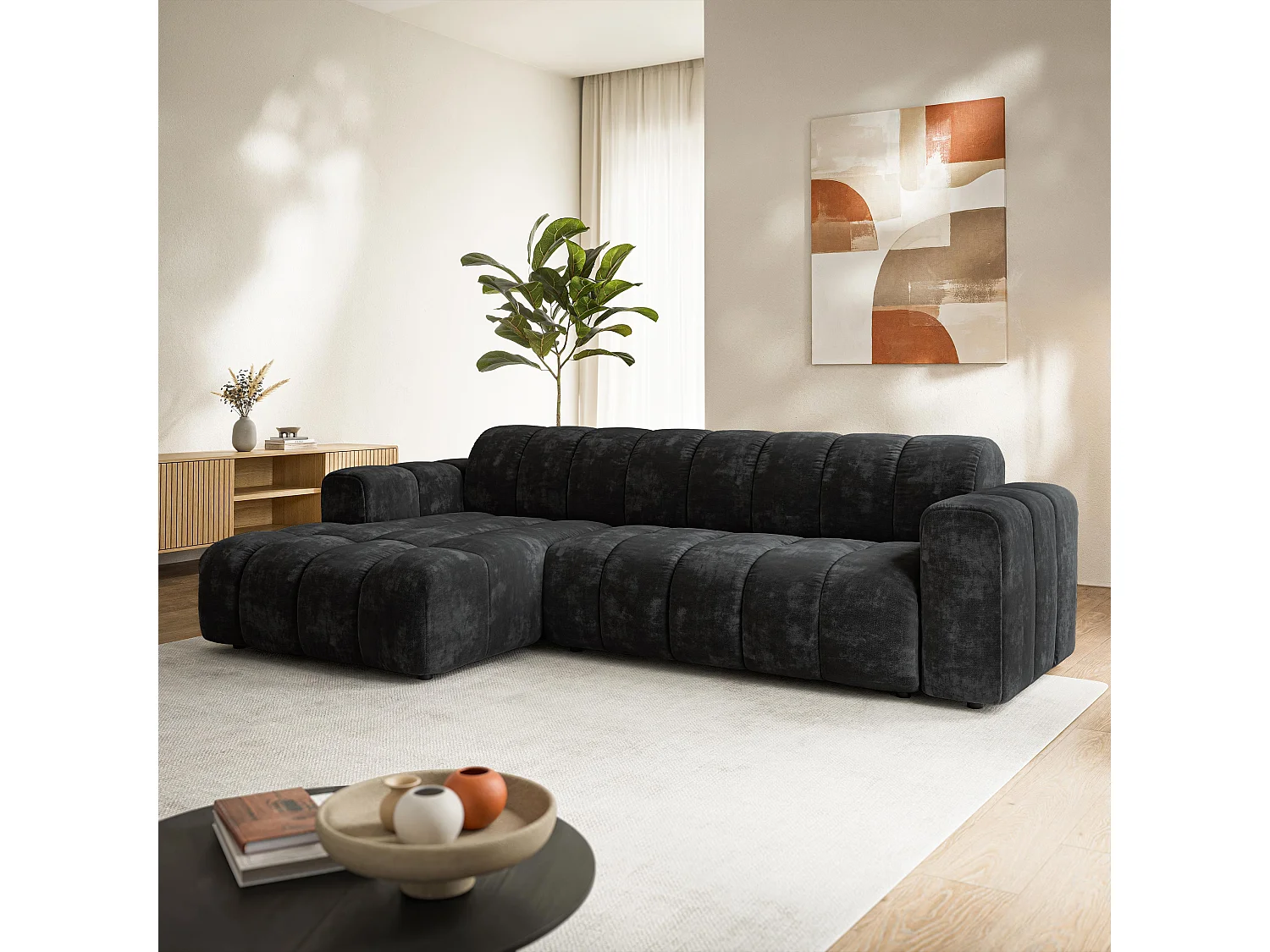 Canapé d'angle SETIA, Tissu chenille, Noir