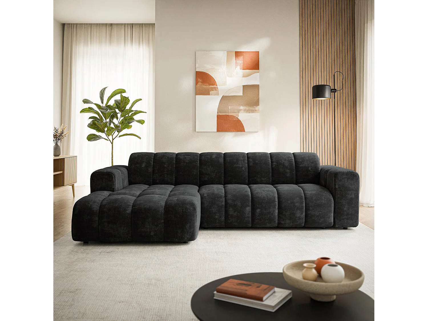 Canapé d'angle SETIA, Tissu chenille, Noir