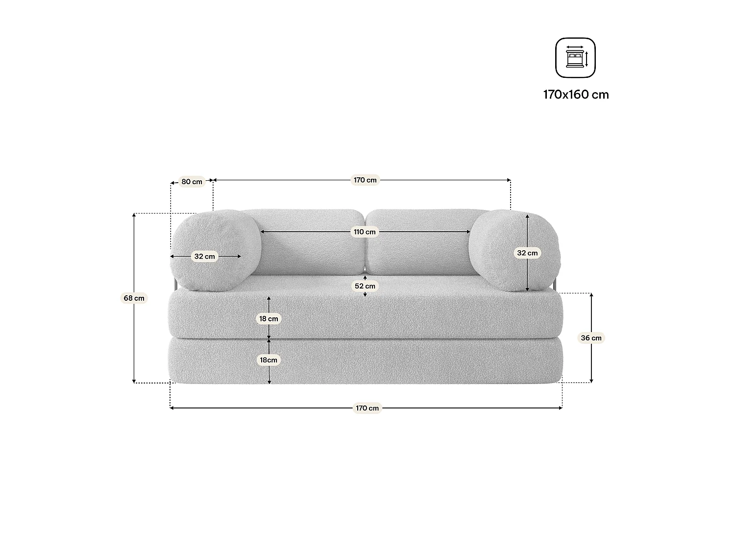 Canapé compressé EIREN avec cadre métallique, Tissu bouclé, Gris clair