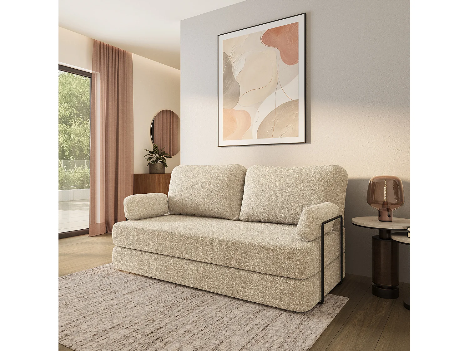 Canapé compressé NIKSI avec cadre métallique, Tissu bouclé, Crème