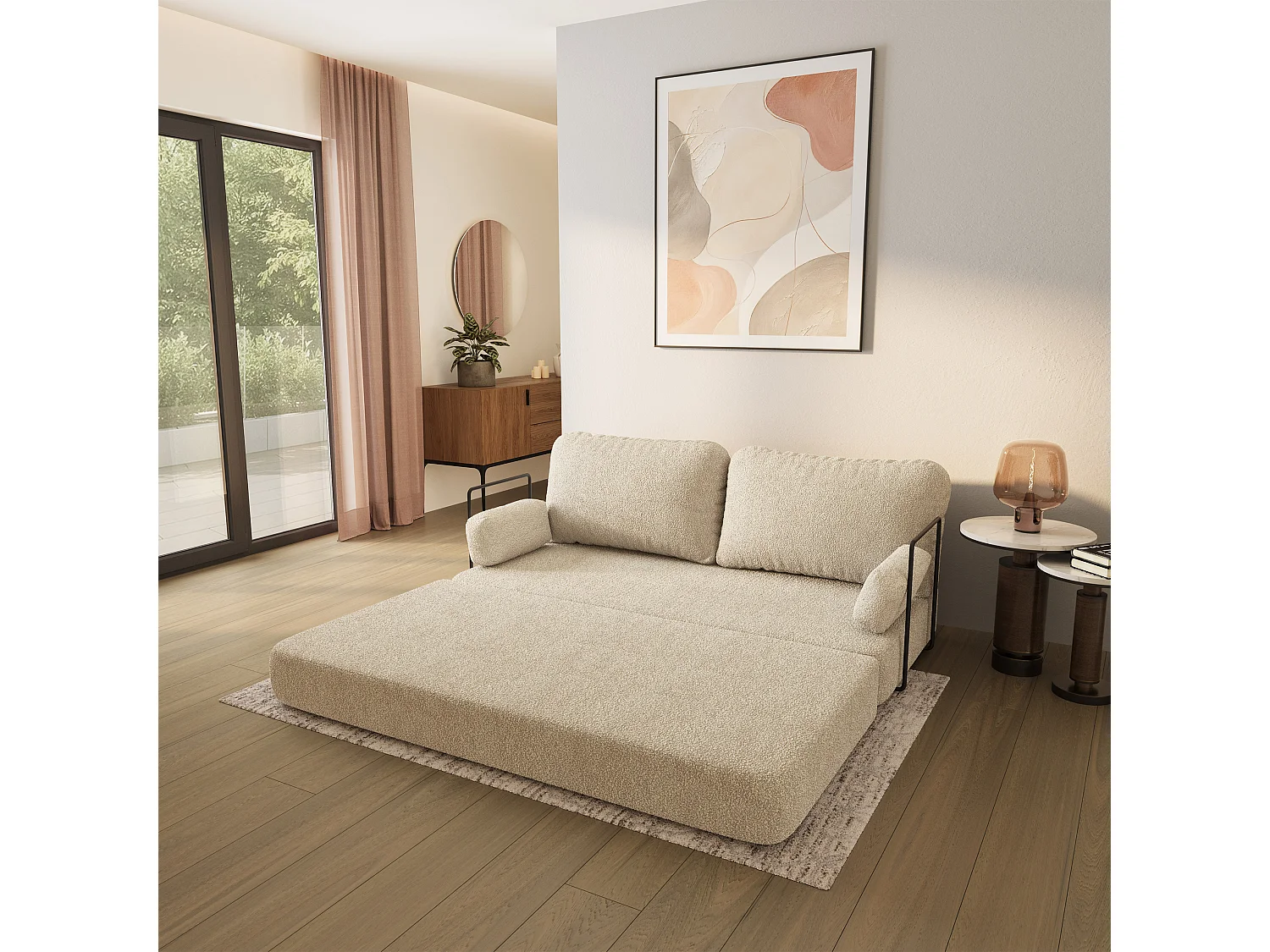 Canapé compressé NIKSI avec cadre métallique, Tissu bouclé, Crème