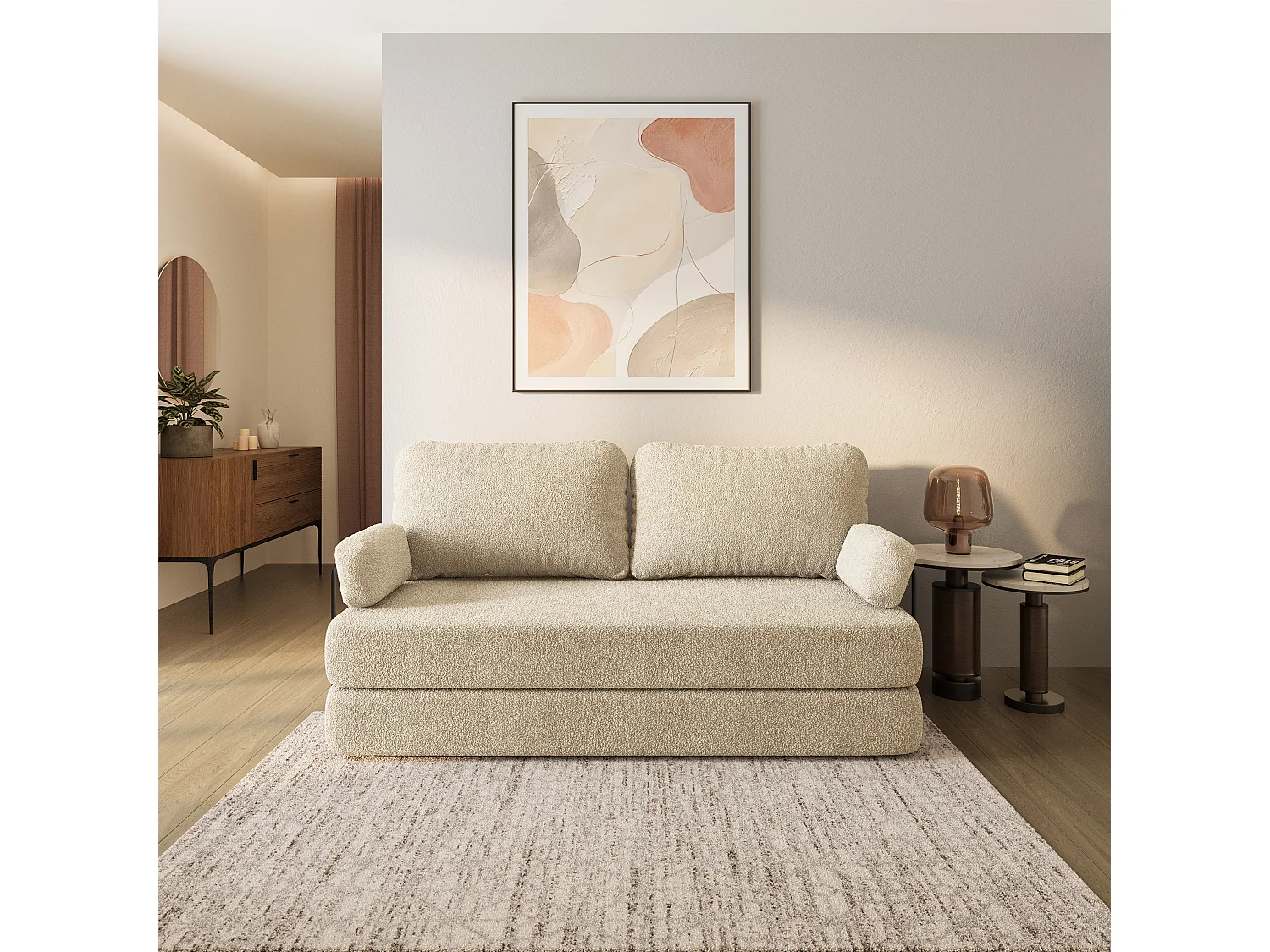Canapé compressé NIKSI avec cadre métallique, Tissu bouclé, Crème