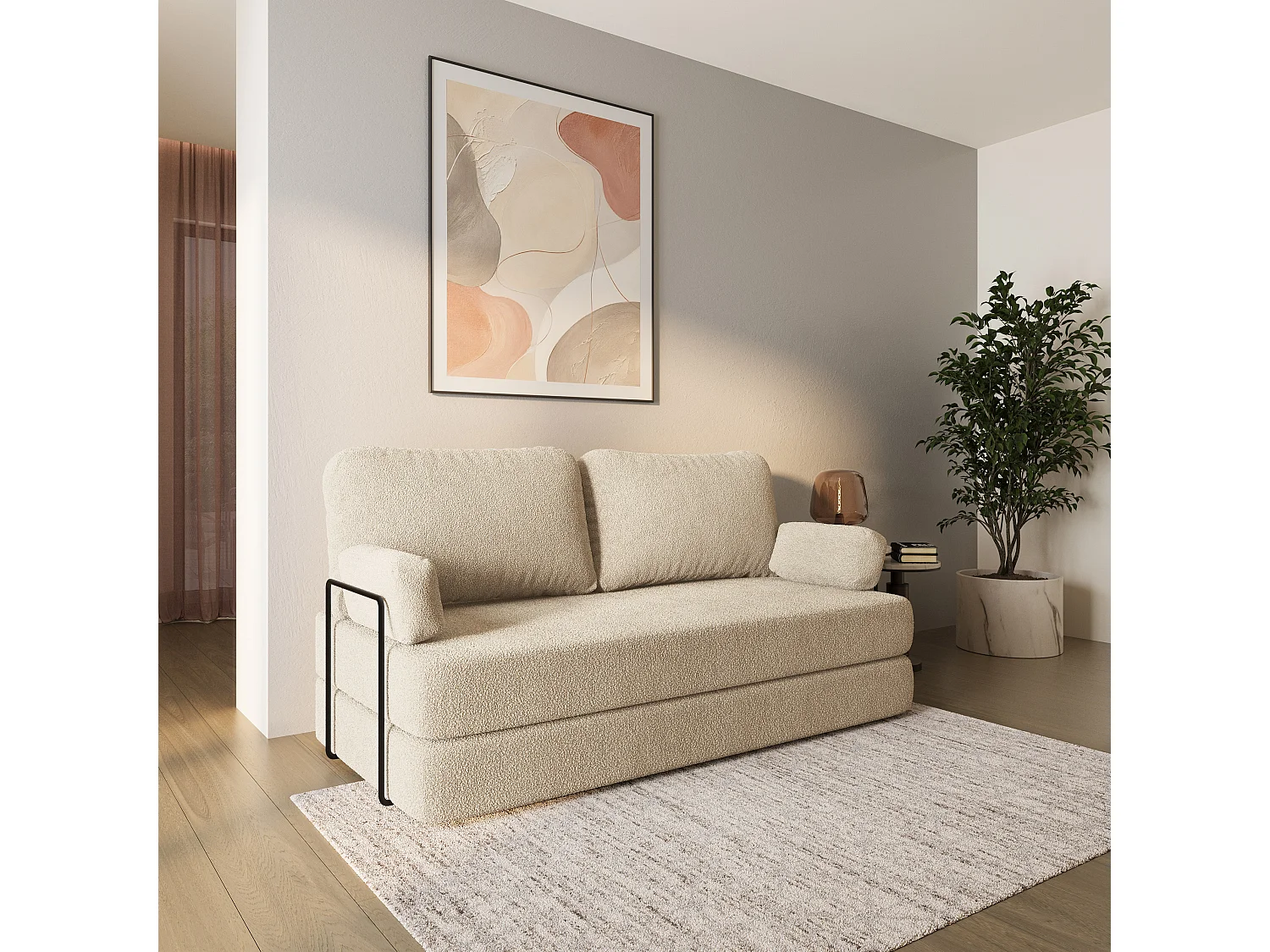 Canapé compressé NIKSI avec cadre métallique, Tissu bouclé, Crème