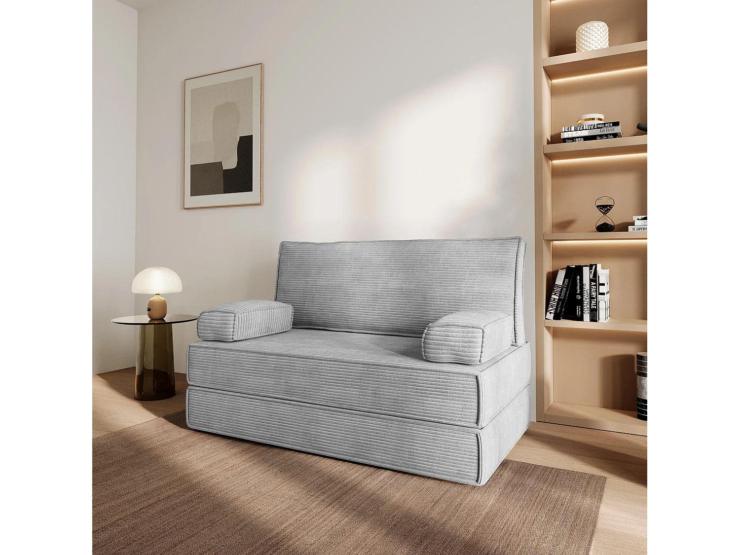 Canapé compressé LADIA sans cadre métallique, Velours côtelé POSO, Gris clair